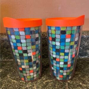 Colorful Mosaic Tumbler Set with Orange Lids